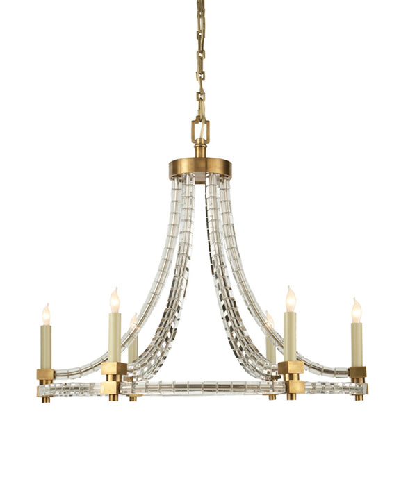 Round Flatline Crystal Cube Chandelier, Antique Brass