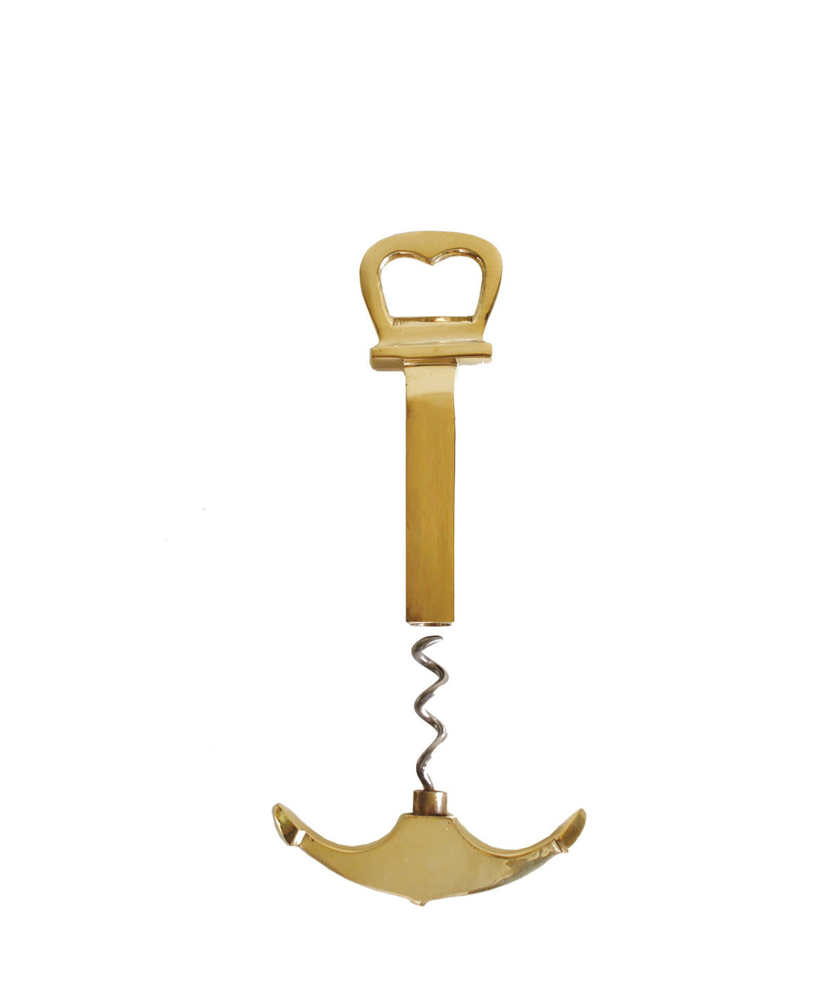 old hand made solid brass corkscrew on a natural wood background